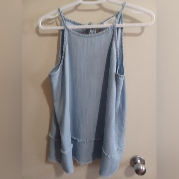 Loft Women's Outlet Tie Neck Denim Style Chambray Tank Top Sz M Lyocell - Picture 1 of 9